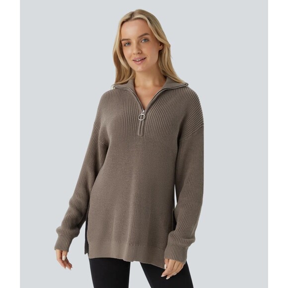 HALARA Funnel Neck 1/2 Zip Tunic XS Split Casual Sweater Desert Taupe NWT B40 - Picture 1 of 7